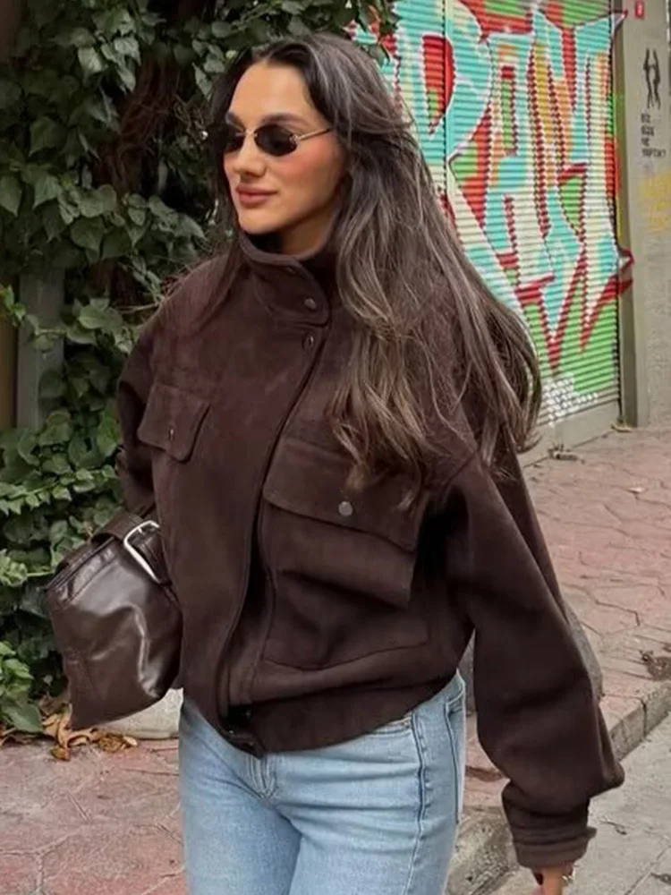 

HH женская осенняя модная универсальная куртка-бомбер с воротником-стойкой, женская винтажная свободная повседневная куртка с карманом на молнии