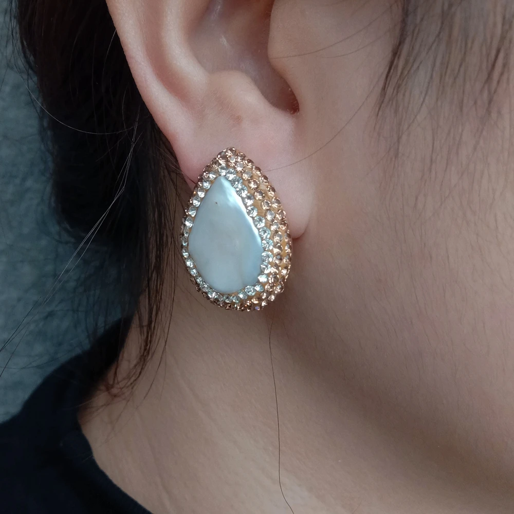 3 Pairs Real Freshwater White Pearl Teardrop Shape Crystal Pave Stud Earrings