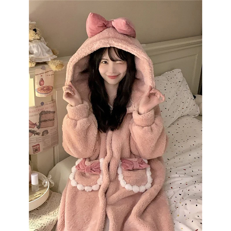 Bow Robe for Women Sleepwear Nightdress Winter Night Wears Warm Fleece Pajama One Piece Nightgown Pocket Long Sleeve Homewear