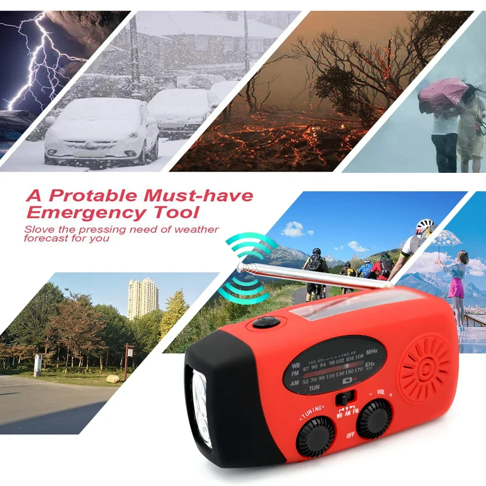 Multifunctional Solar Hand Crank Radio FM AM WB NOAA Weather Radio 2000mAh USB Charging Emergency LED Flashlight Power Bank