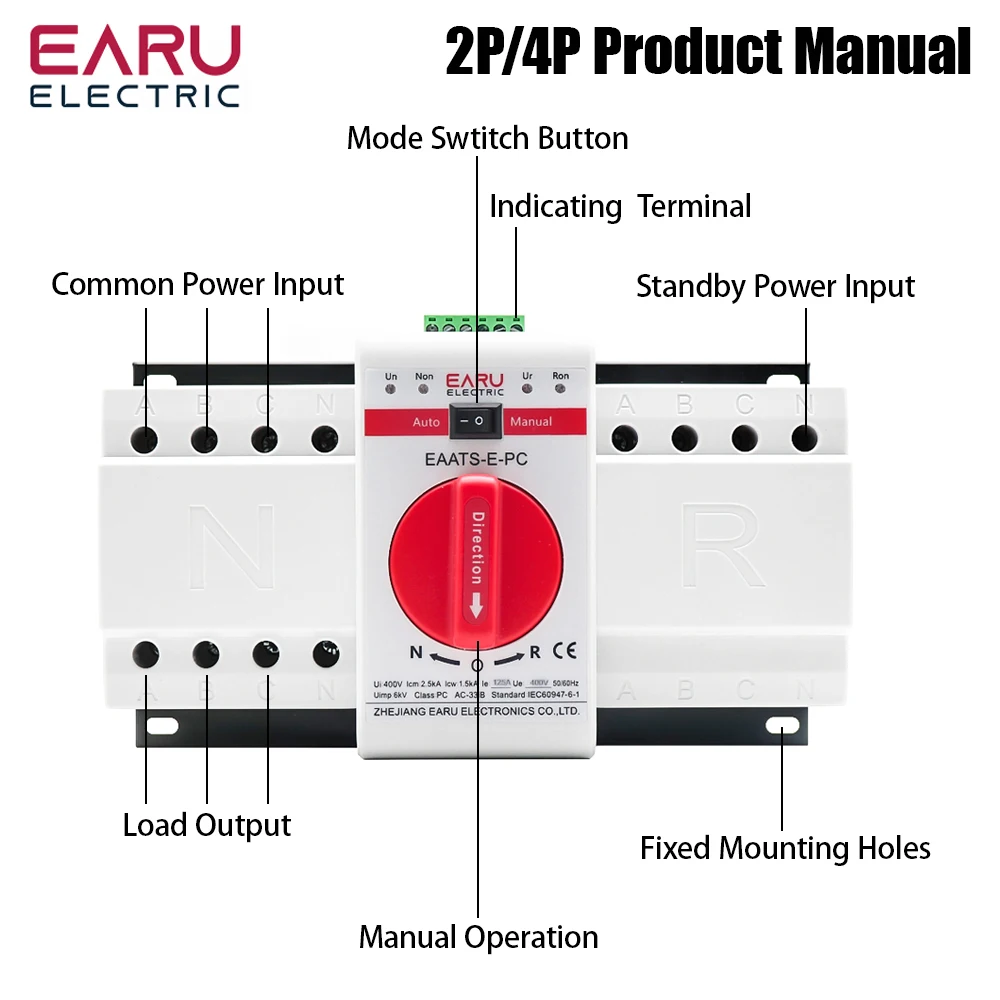 2P 4P 63A 125A ATS PV Dual Power Automatic Transfer Switch AC230V 400V 50 60Hz Type MCB Auto Manual Sal Switches Circuit Breaker