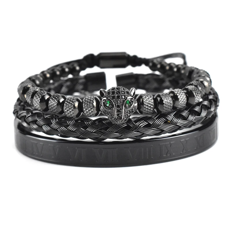 Luxury Black CZ Leopard Head Charm Bracelet For Men Women Stainless Steel Bangles Adjust Pulseras Mujer Couple Jewelry Sets