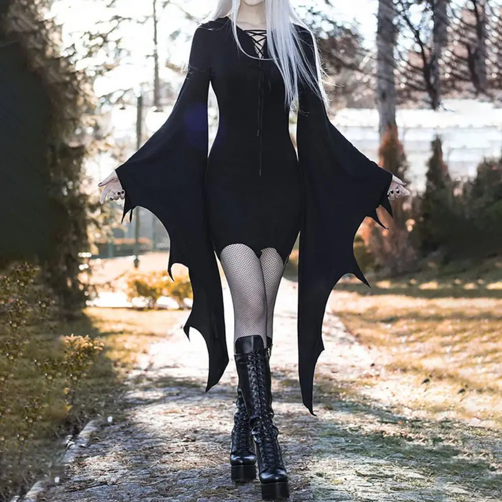 Spooky Dress Dark Style Halloween Dress with Batwing Sleeves Irregular Cuff Lace-up Design Slim Fit Cosplay Costume for Party