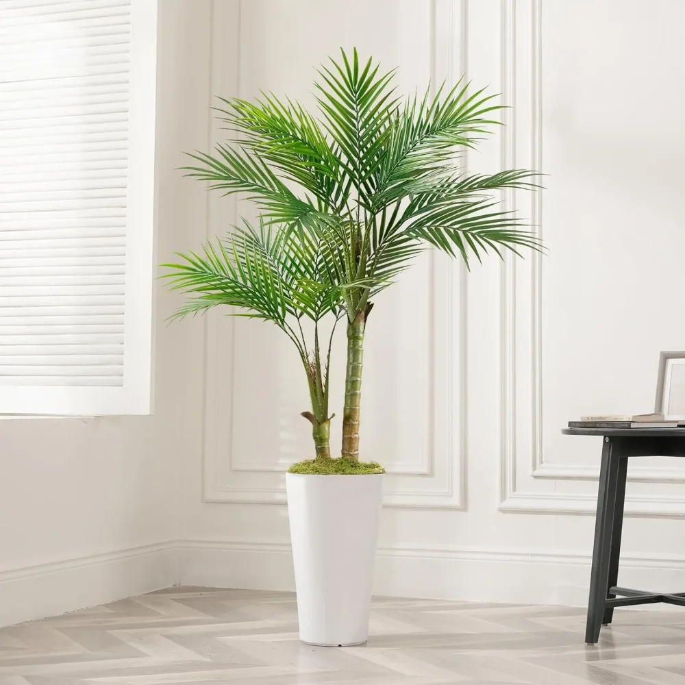 Fake Palm Tree Artificial Plants with Planter, Faux Tropical Golden Cane and Realistic Palm Leaves, Indoor Living Room Office