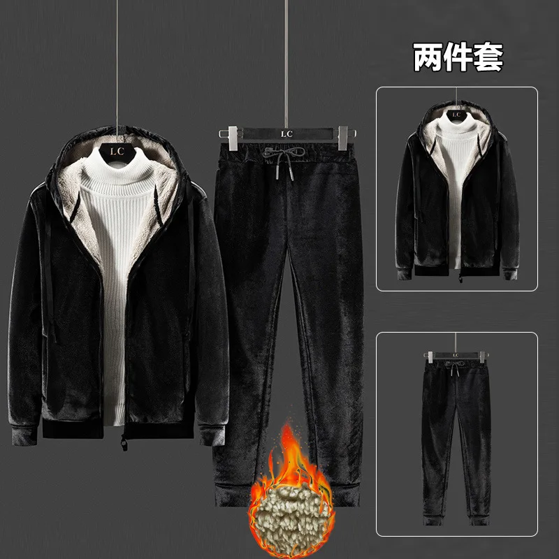 

Brand Casual Track Suits Cashmere Hooded Men's Sets Jacket + Pant Tracksuit Men's Sets Fleece Thick Warm Fur Winter Sweatshirt