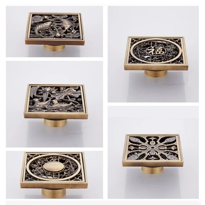 Antique Brass 10cm Square Floor Drain Shower Strainer Bathroom Grate with Art Carved Pattern for Balcony Waste Coverage