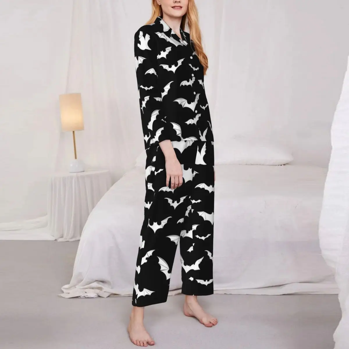 Pajamas Female Gothic Art Halloween Night Sleepwear Cute White Bats Two Piece Vintage Pajama Set Long-Sleeve Oversized Home Suit