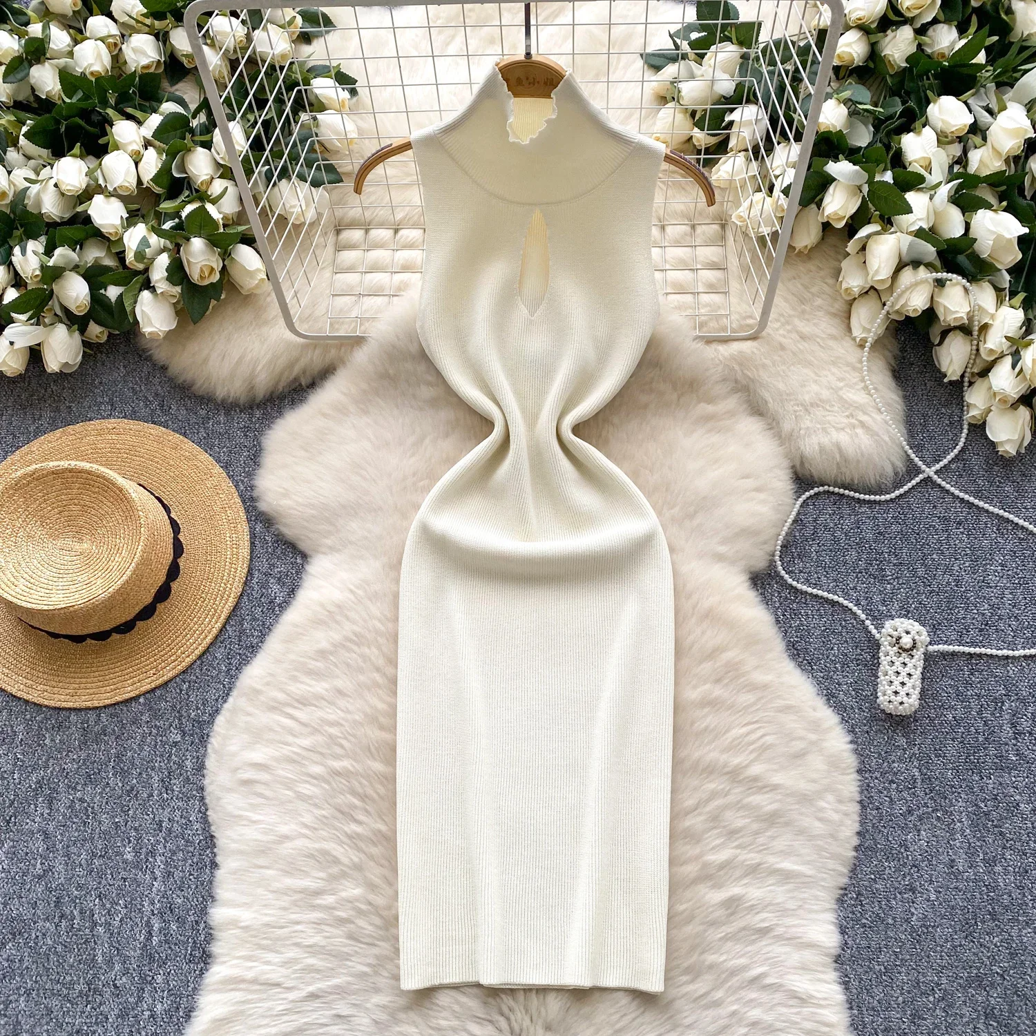 Sommer Sexy Kurzes Kleid Frauen Ärmelloses Dünnes Strand Sommerkleid Halb Hohen Kragen Gestrickte Mini, Figurbetontes Kleid Streetwear Outfits