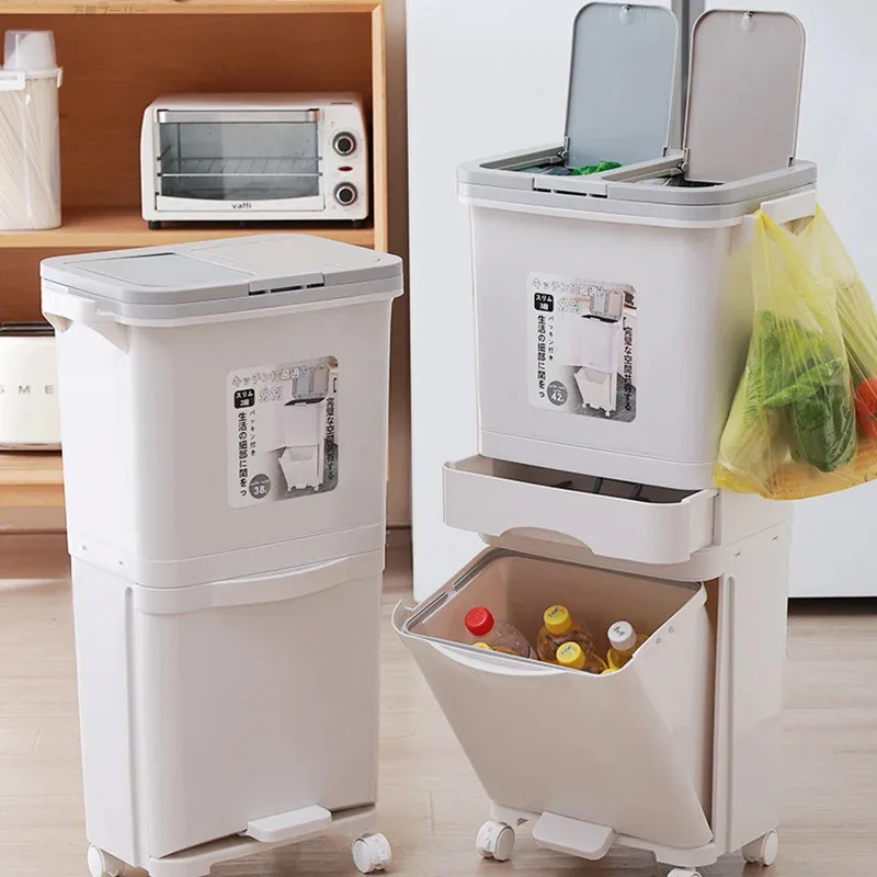 

Kitchen Wheel Trash Can Big Recycling Compartment Cover Pedal Rectangle Trash Can Designer Sink Sorting Lixeira Home Accessories