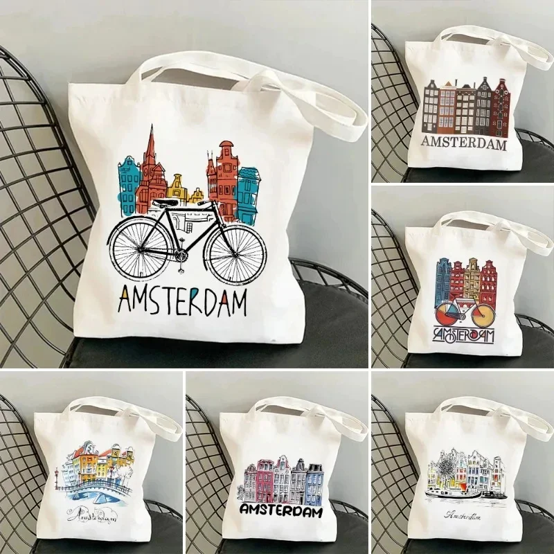 Urban Landscape Amsterdam Shopping Bag Canal Home Dutch Women's Canvas Shoulder Bag Tote Eco Shopper Reusable Handbag