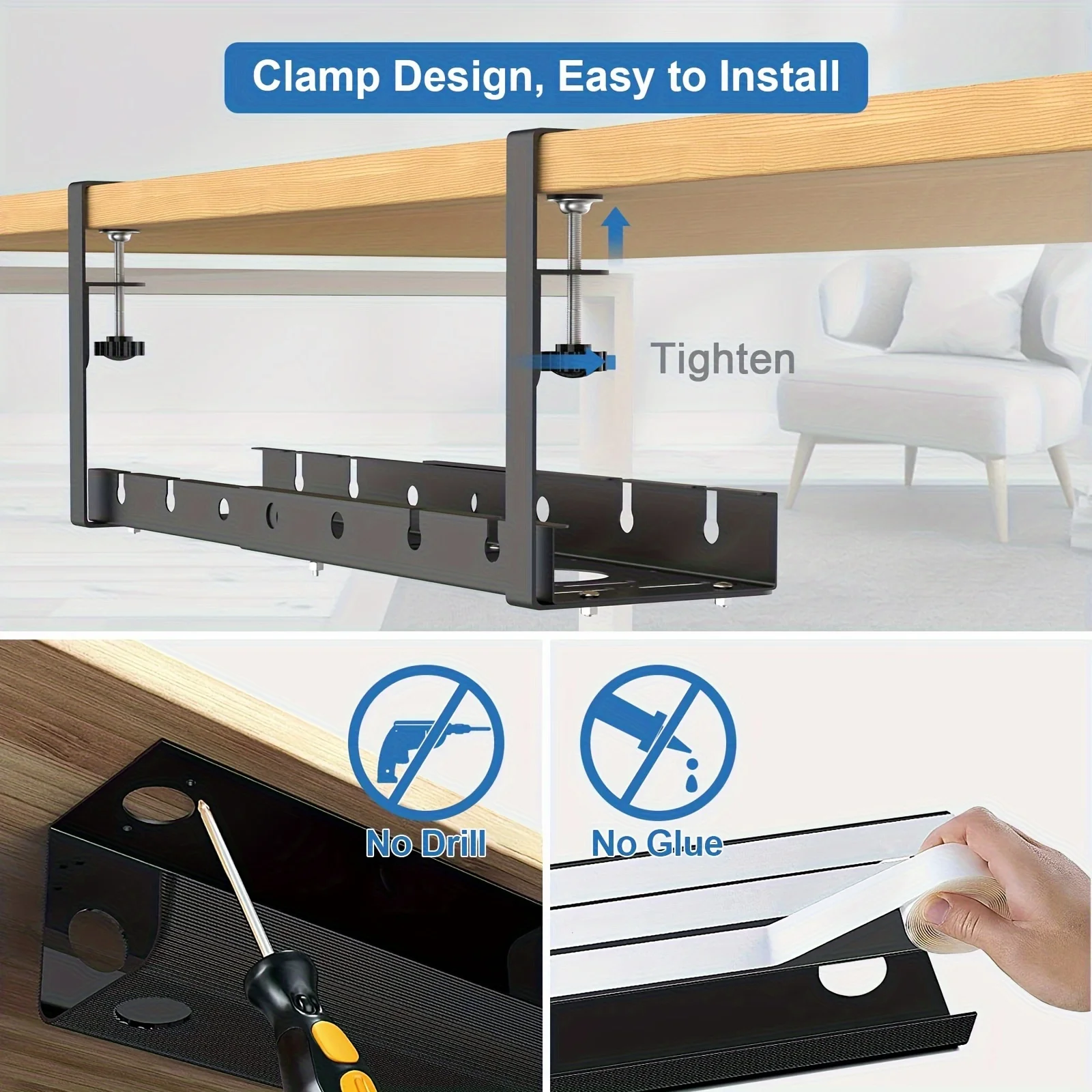 No Drilling Extendable Under Desk Cable Management Metal Cable Tray Under Desk With Clamp Retractable Power Strip Cord Holder