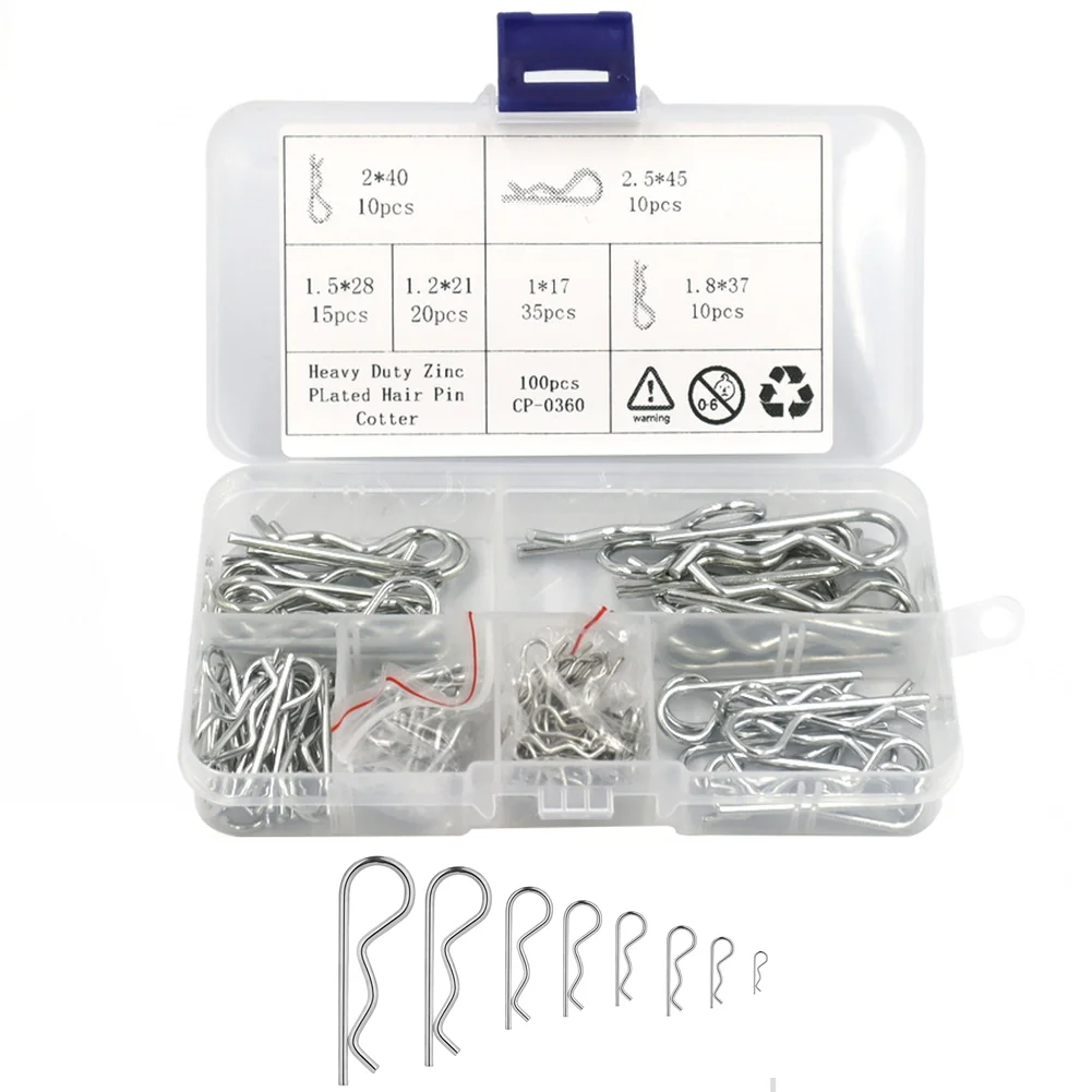 

Heavy Duty Zinc Plated R Type Cotter Pin 100PCS Assortment Kit with Plastic Case for Automotive and Industrial Applications