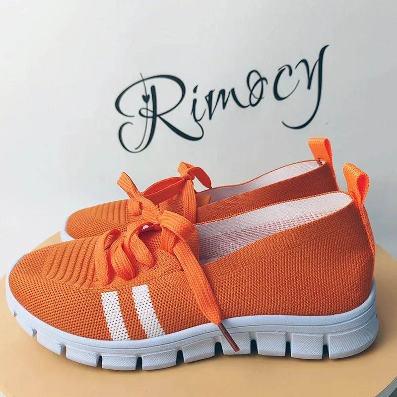 Mesh Knitted Striped Flats Shoes for Women 2024 Summer Lace Up Casual Sneakers Woman Breathable Soft Sole Loafers Plus Size 43 image 5