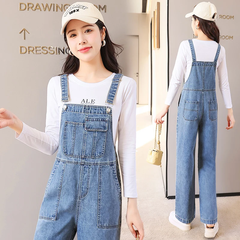 Korean Sle Loose Women's Denim Overalls Faionable Two-Piece Set High Waist Zipper Closure Cotton Blend Anti-Wrinkle