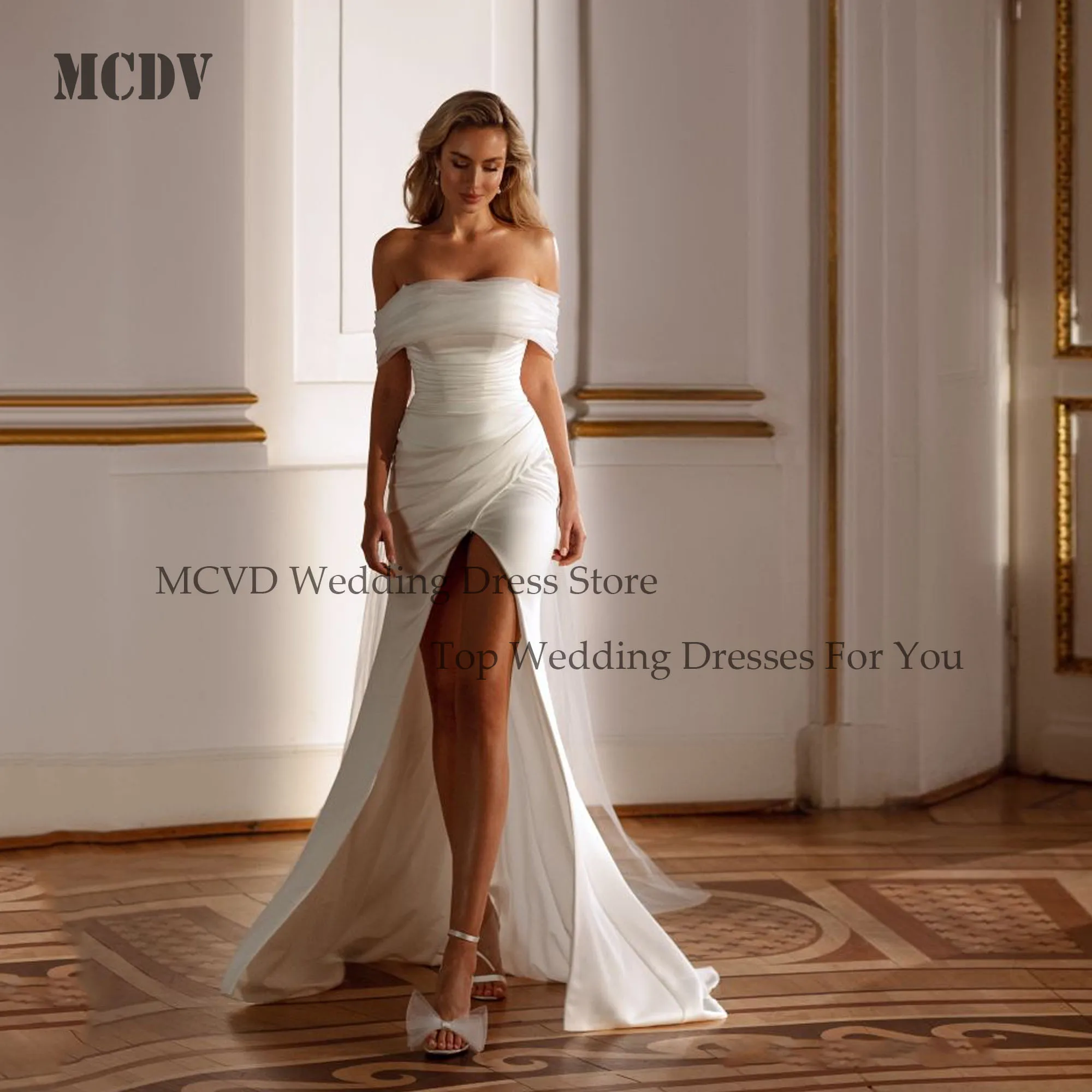 

MCDV Sexy Satin Strapless Bride Gowns Women Off Shoulder Front Split Mermaid Wedding Dresses Customized Sweep Train Bride Dress