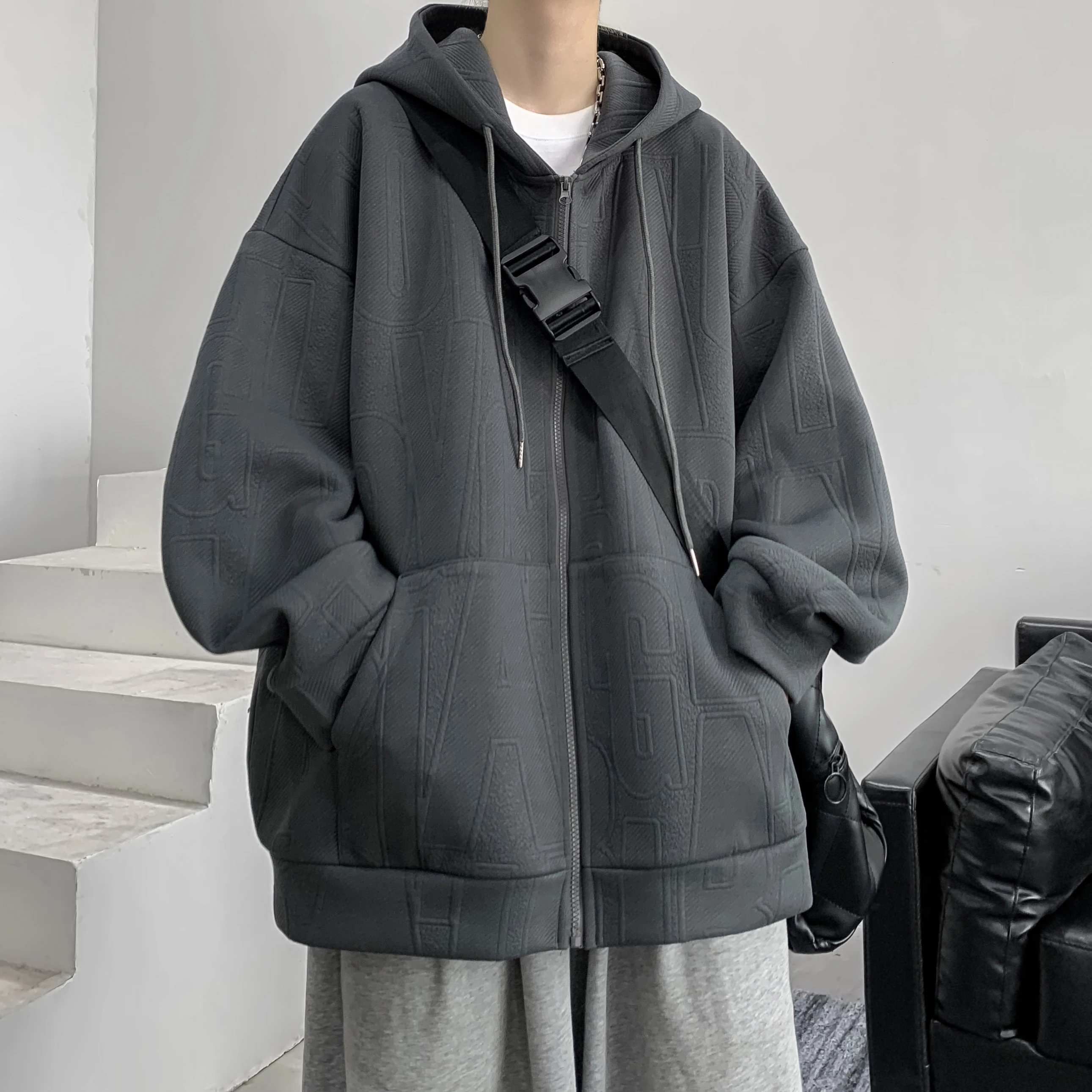 

Casual Hooded Open Cardigan Sweatirt Men's Spring Autumn New Sle Loose Faionable Tearable Upper Apparel Boy's Sle