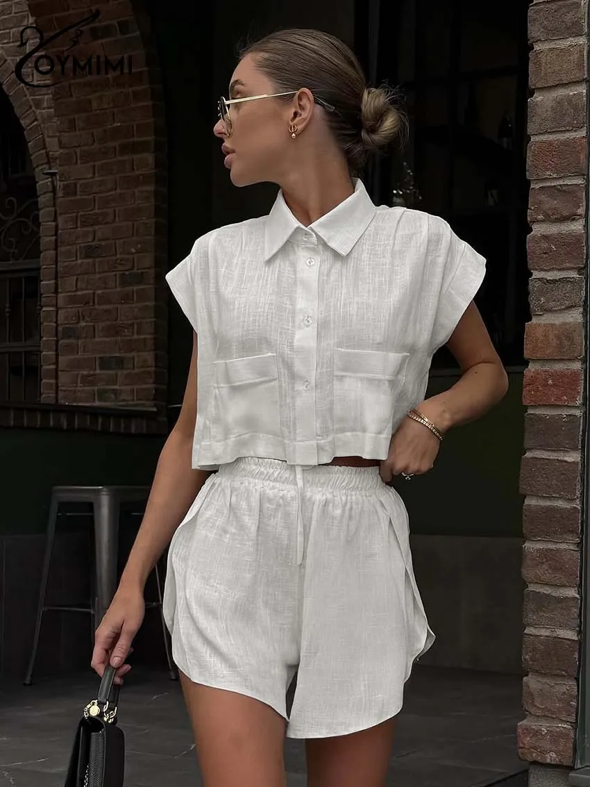 

Oymimi модные белые комплекты из двух предметов, женские элегантные рубашки без рукавов с карманами на пуговицах и шорты с высокой талией, женский комплект
