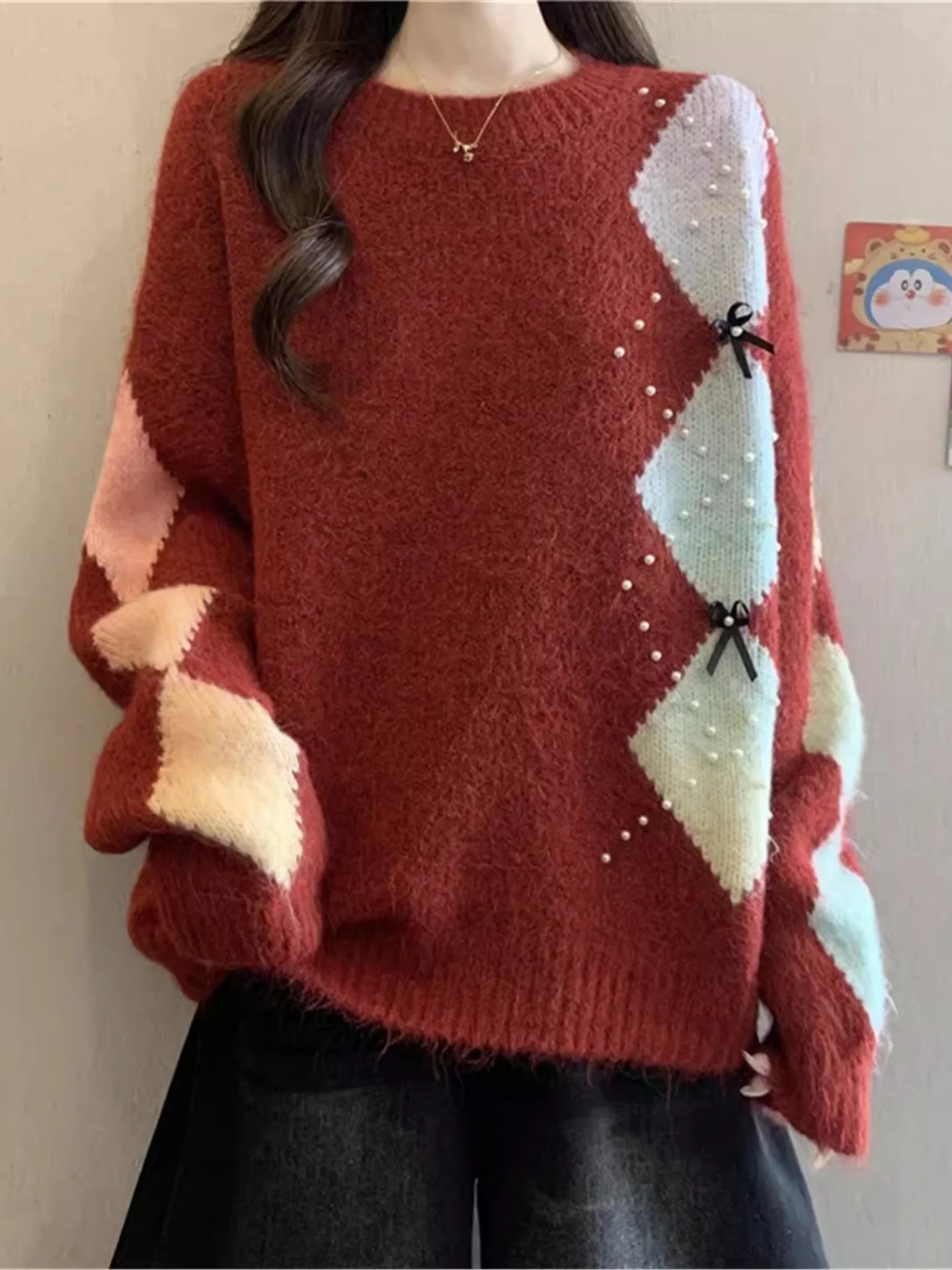 

Red Long Sve Sweater Women's Large Size Winter Faion Pearl Embellied Knot Diamond Patterned Camere Top