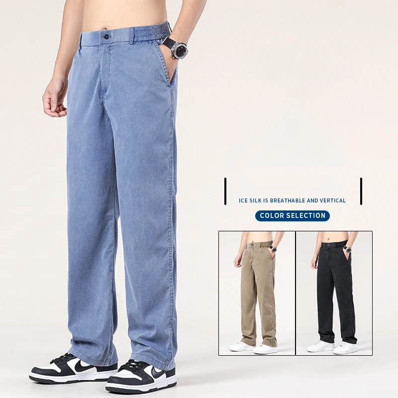 

Summer Thin Baggy Lyocell Jeans Men's Fashion Ice Silk Elastic Waist Fashion Business Casual Straight Trousers Blue Gray Black