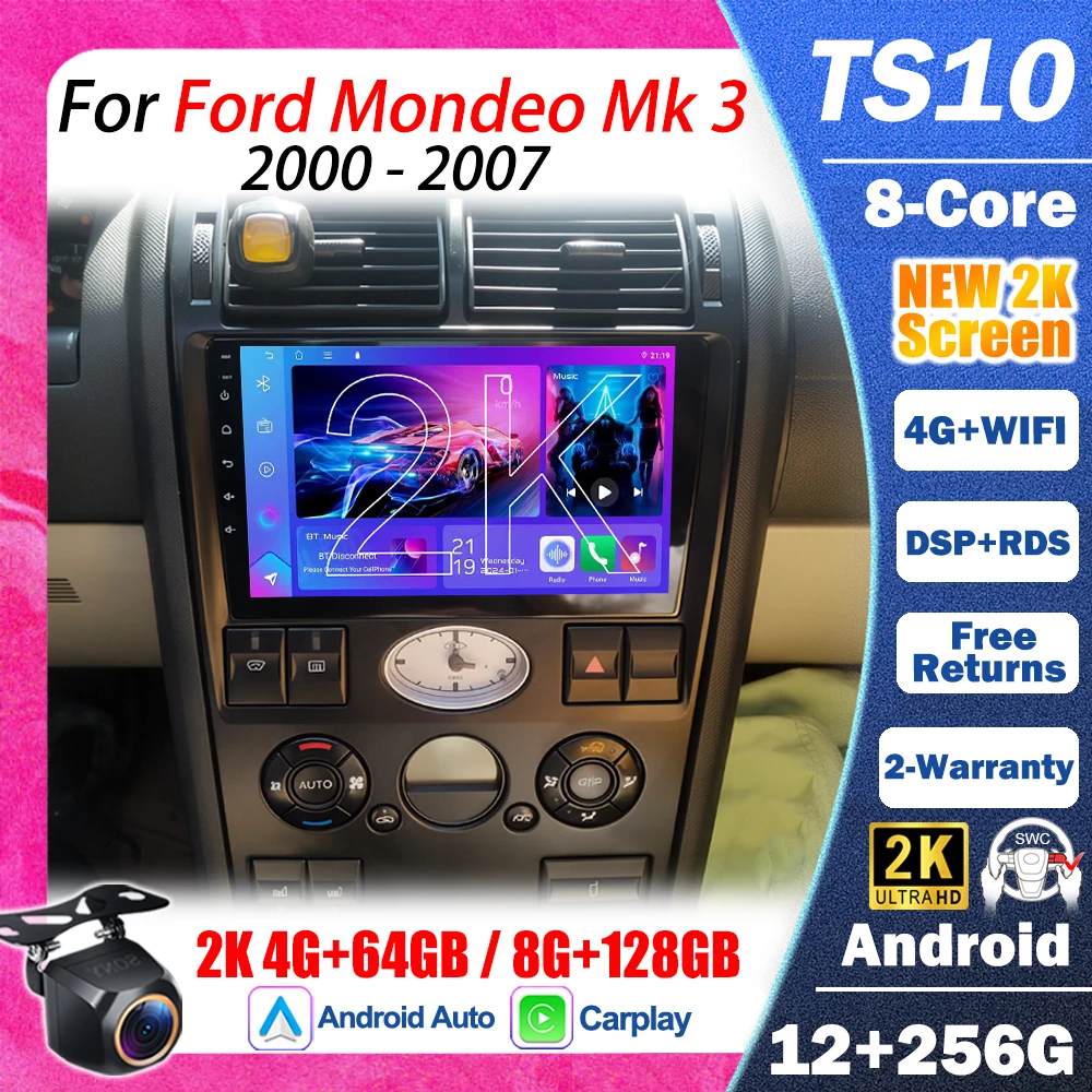 Autoradio Android 16 pour Ford Mondeo Mk 3 2000 2001 2002 2003 2004 2005-2007 Carplay Android Auto Écran Wifi Dsp Bluetooth Gps