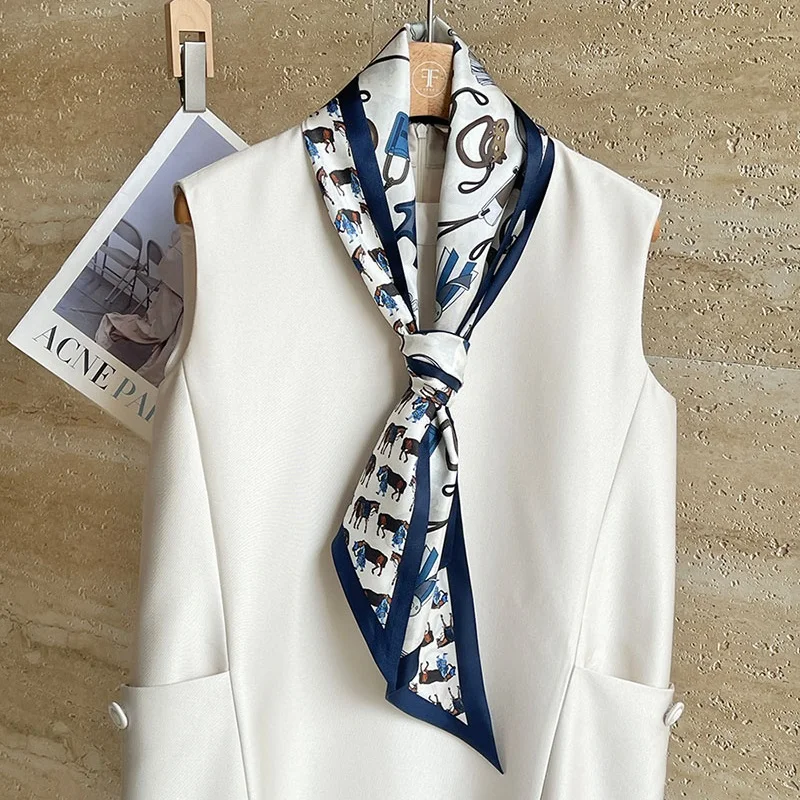 Narrow Long 100% Silk Scarf Wraps Neckerchief Double Layer 145x22CM