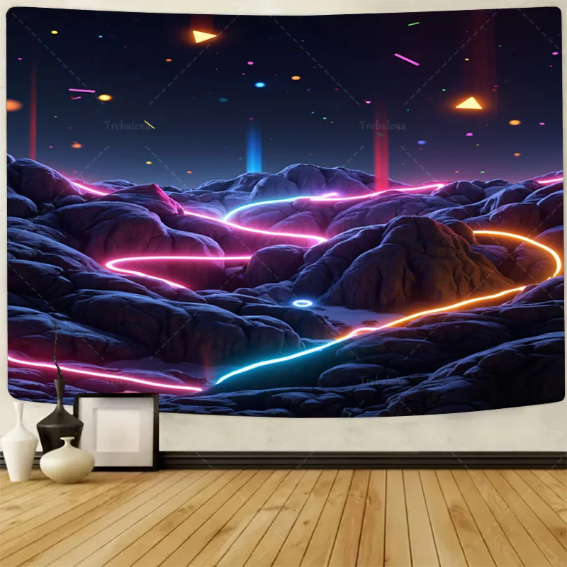 

1pc Wall Tapestry Neon Lights Over Rocky Terrain Tapestry - Futuristic Landscape Wall Art