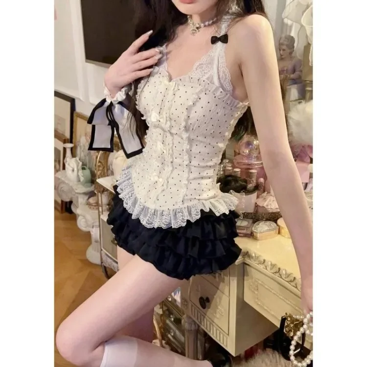 

Элегантные кружевные топы на бретельках с милым бантом в стиле пэчворк, женские топы на бретельках + Y2k, модные юбки с рюшами и оборками, новинка лета 2021, комплекты из двух предметов