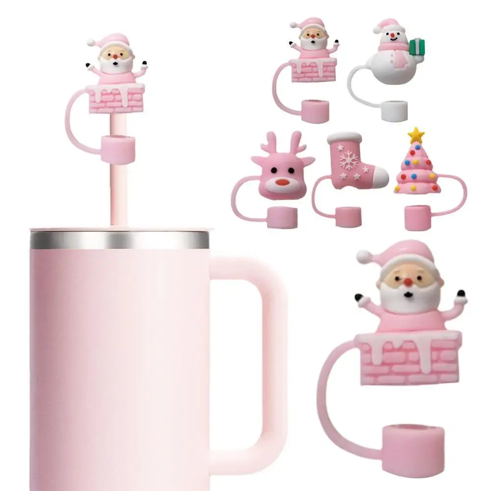 Christmas Pink Series Splash Proof Silicone Straw Tips Cover Dust Proof Plugs Protector Leak-Proof Straw Cover Cap For Stanley