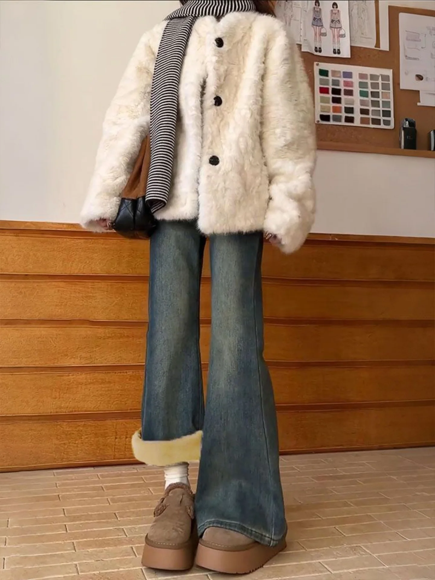 Thickened Fleece Women's Bootcut Jeans Winter plus Size Slimming High Waist Vintage Washed Denim Non-Molding Leggings