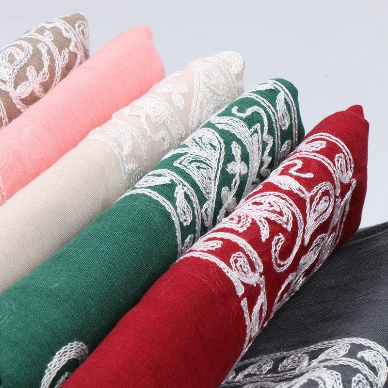 New Design Embroidered Cashew Hijab Cotton Long Scarf For Muslim Woman Solid Color Wraps Casual Ladies Shawl Headband 180*90cm