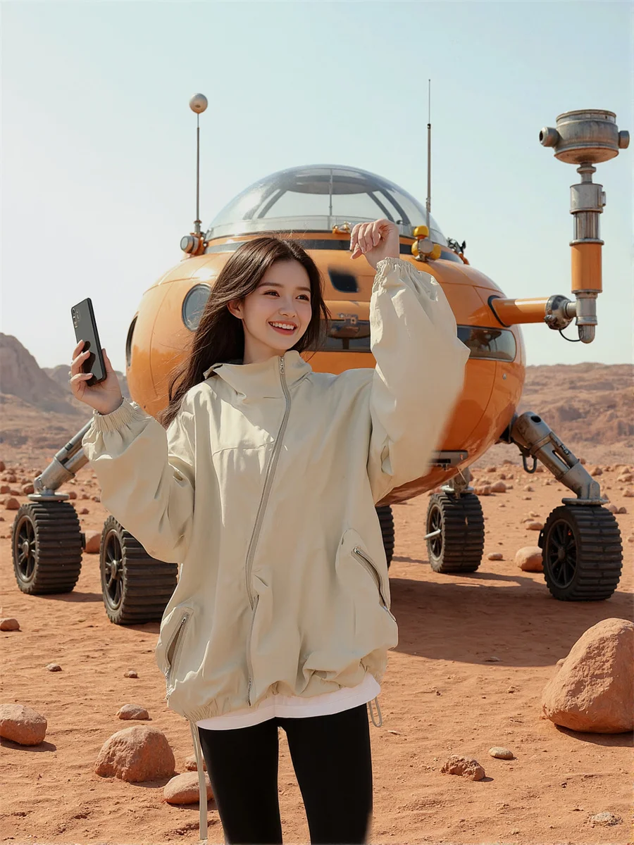 

Hooded Zipper Loose Jackets Aesthetic Top Women Autumn Off-Road Cargo Vacation Performance Elastic Flight Lace-Up Hipster Simple