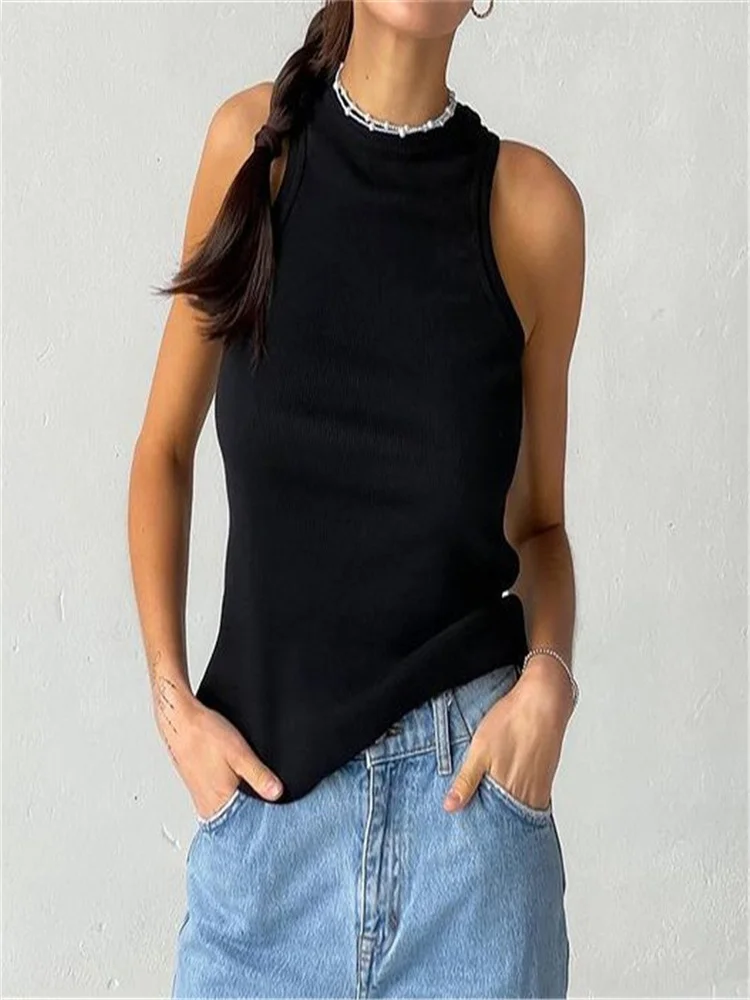 Rib knitted neckline summer basic shirt white sleeveless black leisure sports vest shoulder-length green women's vest