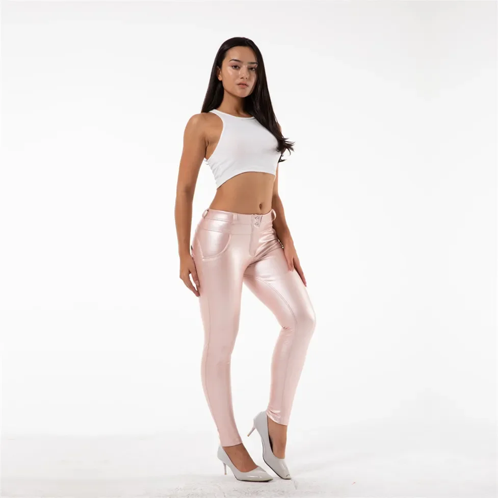 Shascullfites Women's Super Skinny Faux Leather Pants Hot Pink Pleather Jeggings with Fleece Bum Lift