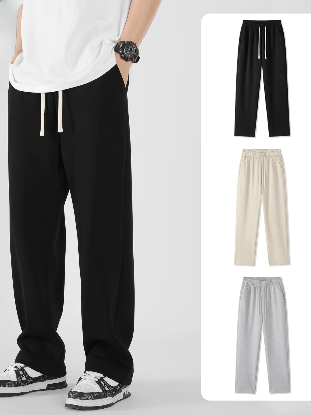 

Ebliungi American Sle Men's Summer Thin Loose Drapey Wide Leg Pants Elastic Casual Long Trousers Straight Cut Cotton Blend