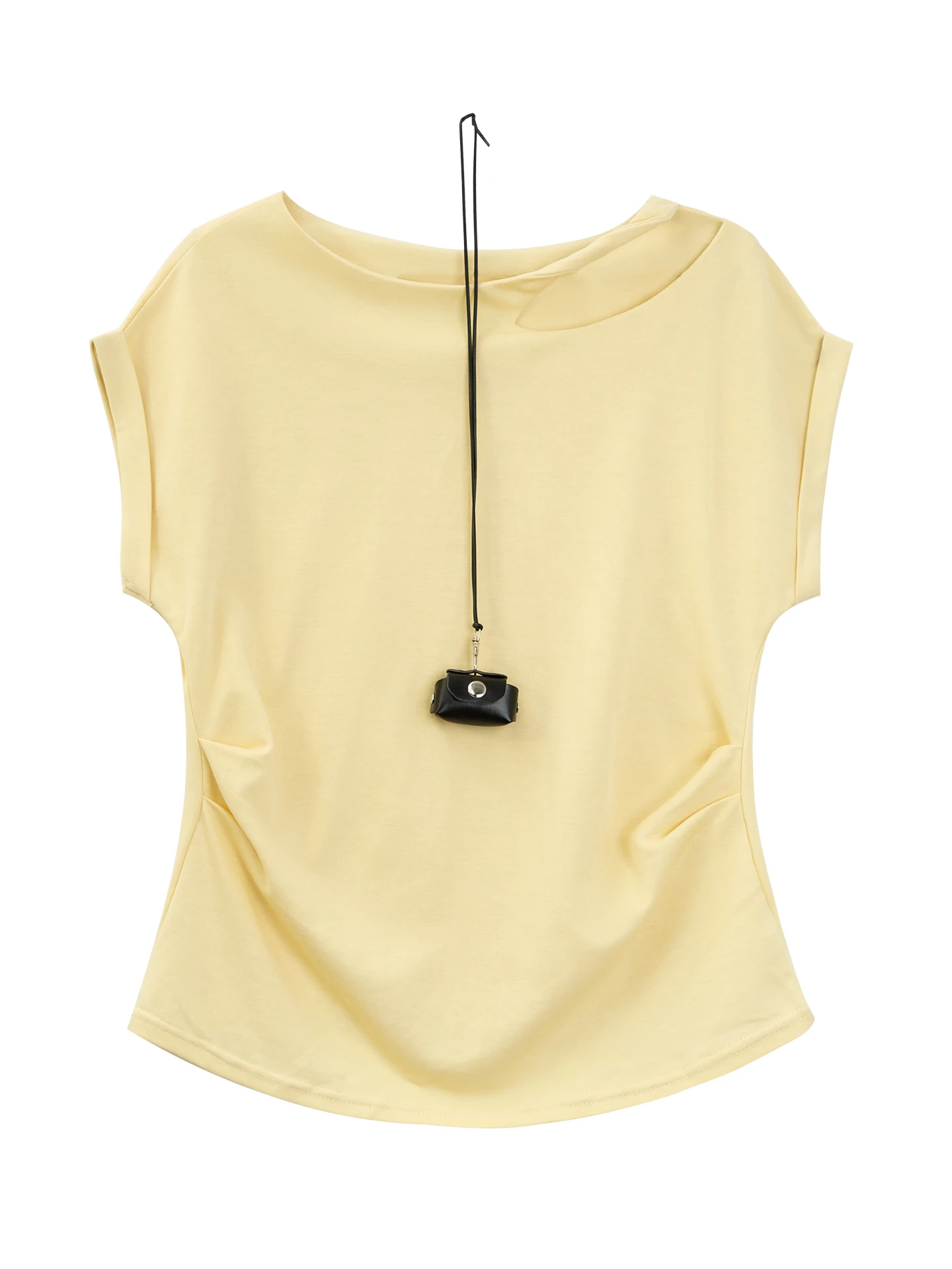 Żółta bluzka z odkrytymi ramionami, krótki rękaw, damska, letnia, T-shirt, mała edycja, designerski hit, francuski styl, czysty kolor, dzianina...