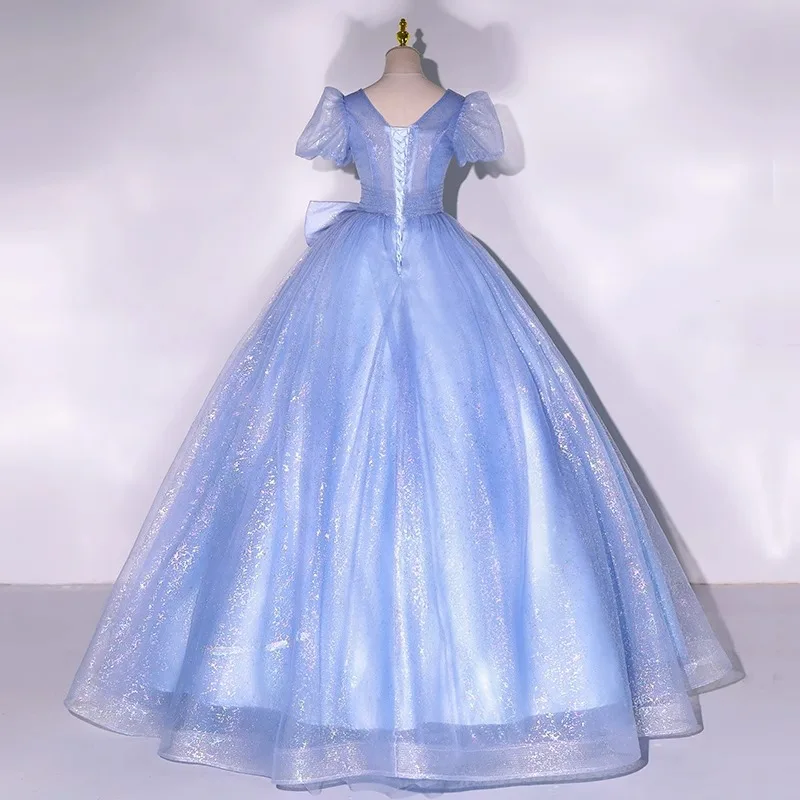 ชุดราตรีสีน้ำเงินแบบสั่งตัดสำหรับงาน Quinceanera คอวี แต่งโบว์ สำหรับงานพรอม งานวันเกิด ชุดราตรี Vestido De Noche robes de soirée