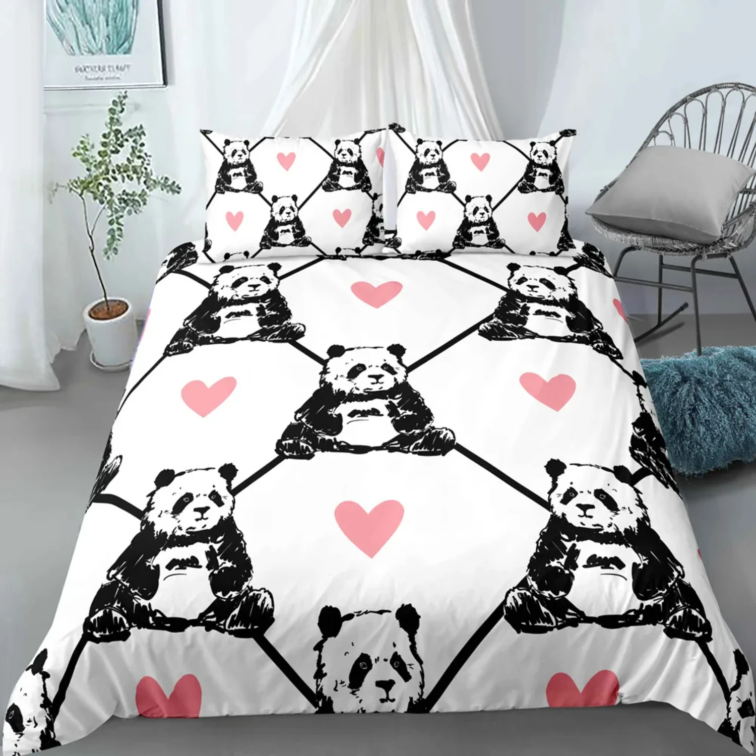 

Twin 173x218cm Black and White Bedding Set Cute Panda Duvet Cover Set with 1pc Pillowcase Bed Set ( SHEET)