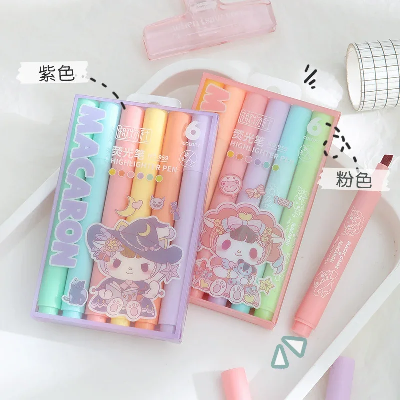 MINISO 6pcs/set Cute Sanrio Highlighter Pen Set Beautiful Color Pen Multifunctional Kuromi Girl Gift Highlighter Pen