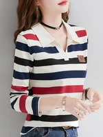Slimming Striped Polo T-Shirt for Women 100% Cotton Long Sleeve Innerwear for 2026 Transitional Wardrobe - Image 4