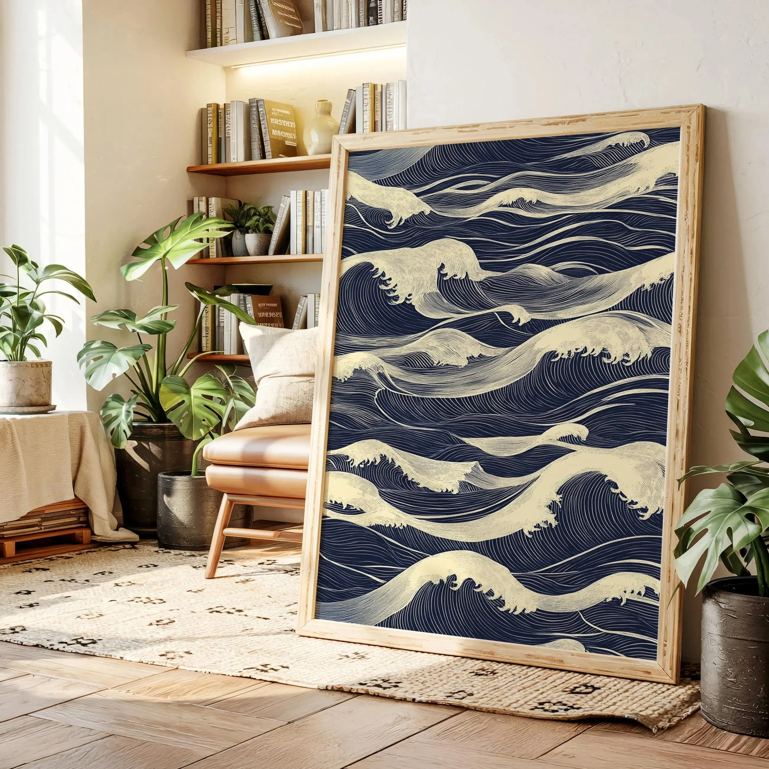 Japoński wzór fal na płótnie, minimalistyczna grafika oceaniczna w kolorach granatowych i kremowych, estetyka drewnianych wydruków, dekoracja domu.