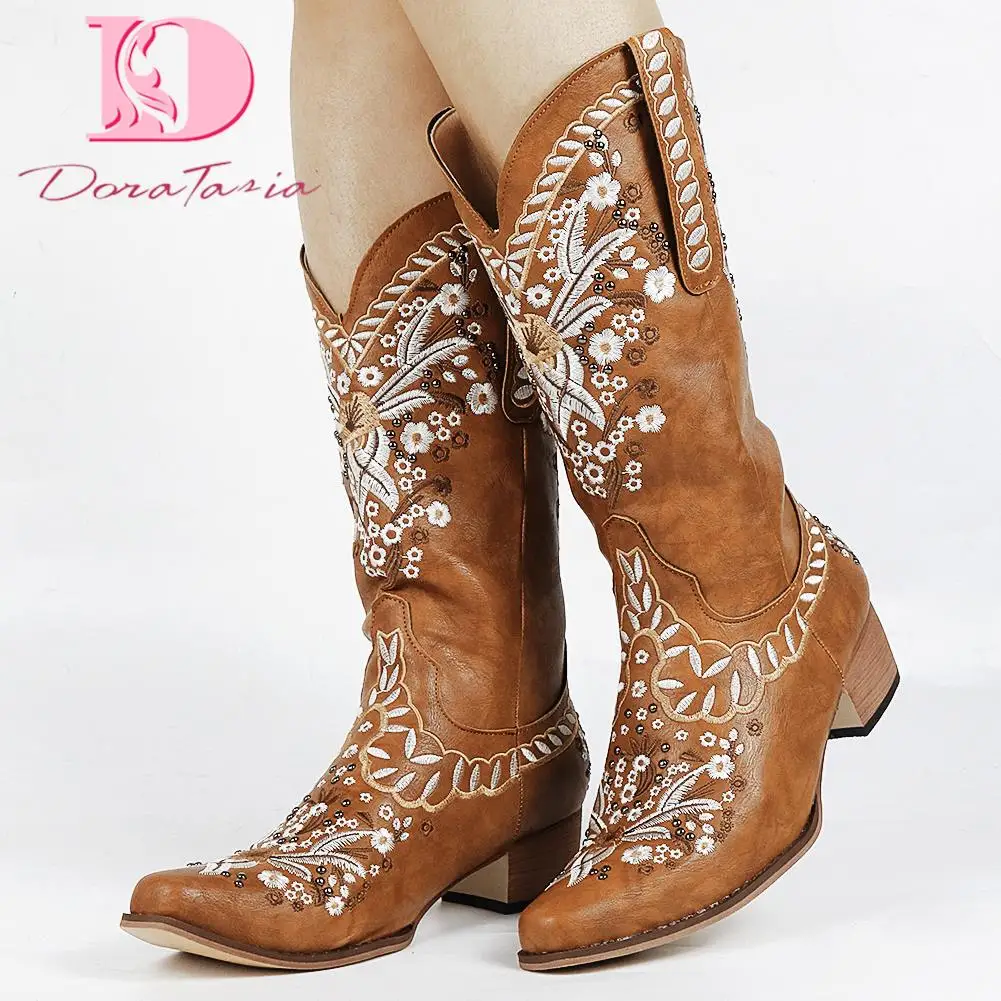 DoraTasia New Women Boots Spring Autumn 2022 Mid-calf Boots Embroider Pointed-toe Chunky High Heels Concise Boots Ladies Shoes