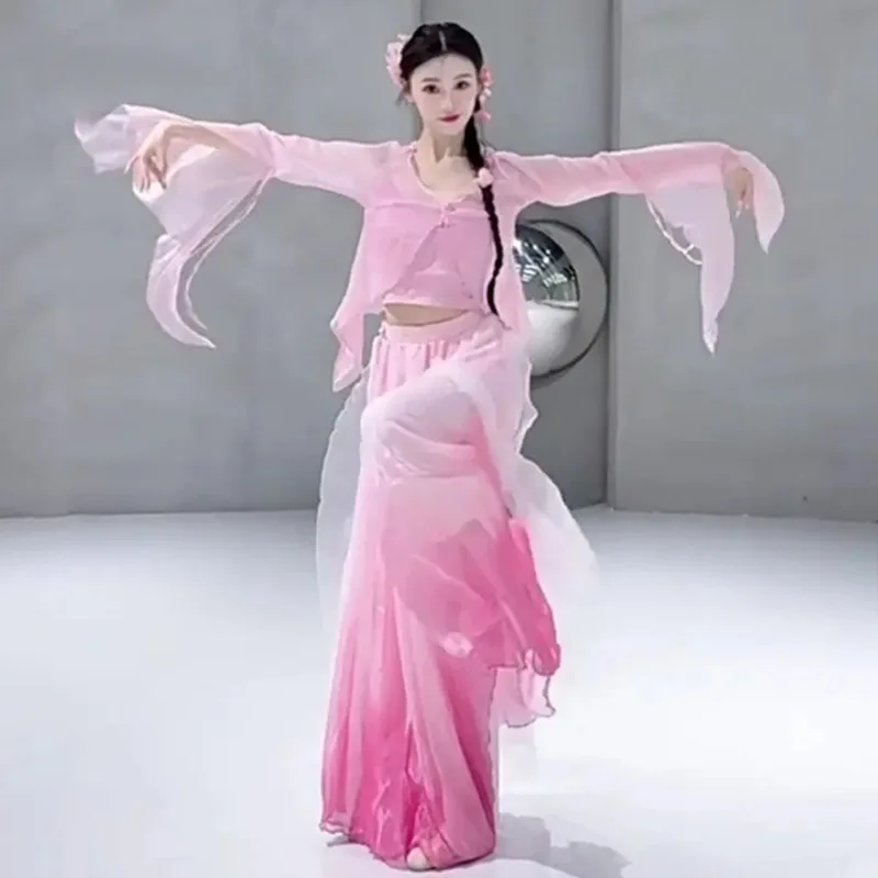 Gradient Sheer Dance Set - Flowy Skirt Pants for Chinese Ethnic Dance Suit Women Tops Stage & Practice Costume
