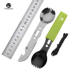 Cuchillo de acero inoxidable con forma de pez petrificado, herramienta multifuncional Original, cuchara, tenedor, abrebotellas, bolsillo al aire libre, supervivencia edc, PF717