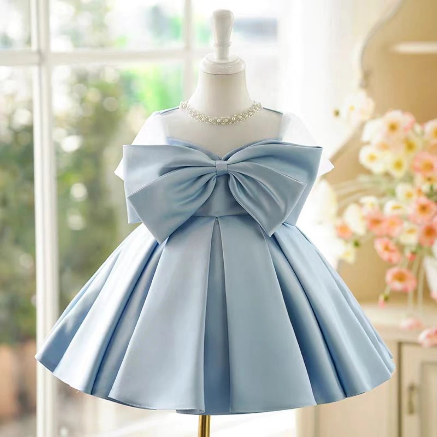 Dreamy Vow J756 Elegant Blue Baby Girl Dress Satin Bowed for Kids 1st Birthday Party Holiday Princess Knee Length Ball Gown