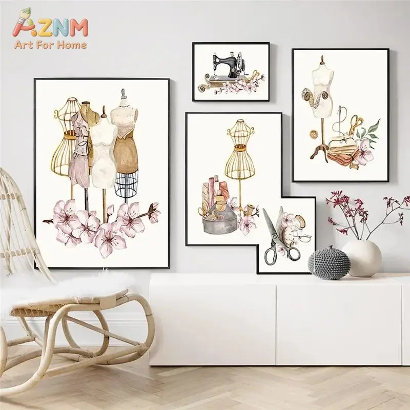 AZNM Watercolor Sewing Mannequin Canvas Wall Art Vintage Sewing Machine Scissors Floral Print Fashion Studio Decor Unframed