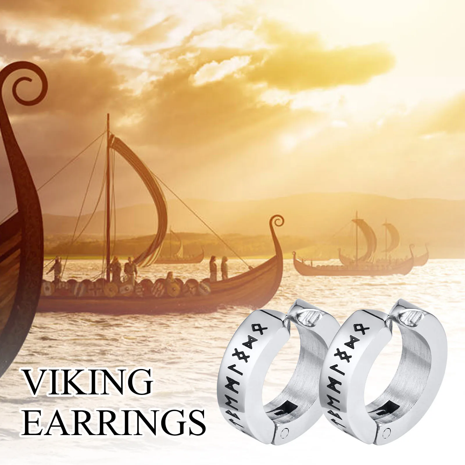 Vnox Viking Runes Hoop Earrings for Men, Non Pierced Clip Earrings, Stainless Steel Odin Norse Viking Amulet Letter Words Huggie