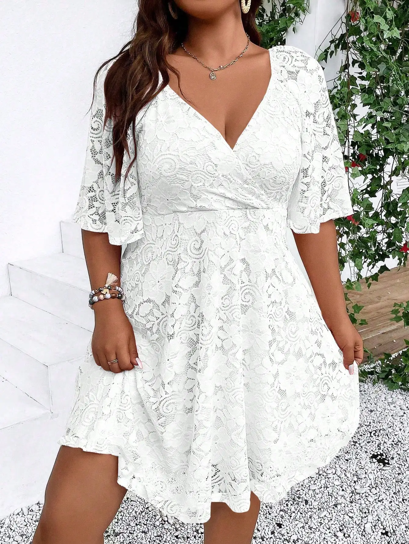 

White Lace Wrap Dress with Flutter Sleeves and V-Neck