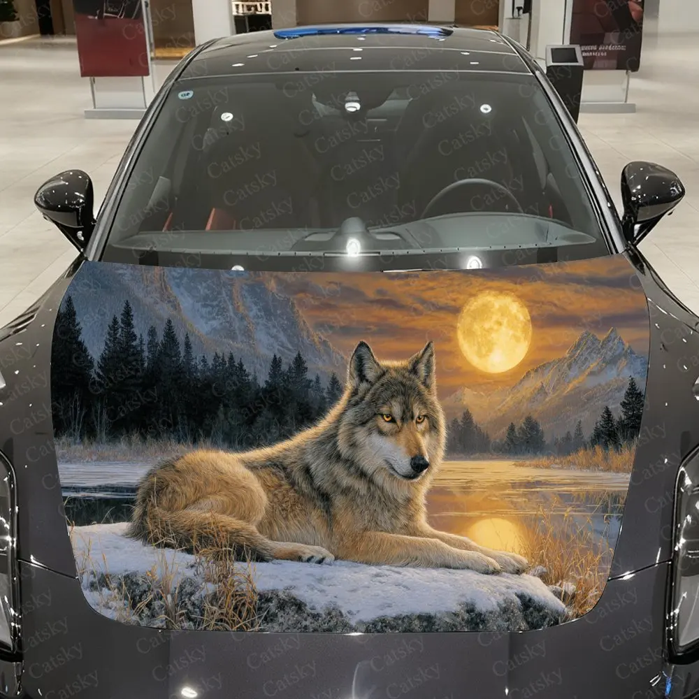 Frost Realm Lone Wolf & Gilded Moon Lake Habitat Car Vinyl Wrap, PVC Material Waterproof Car Hood Sticker, Self-Adhesive Scratch