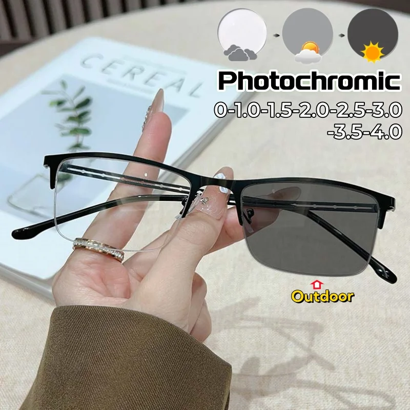 

Men's Business Photochromic Myopia Glasses Versatile Retro Square-framed Semi-framed Glasses Are Simple and Lightweight