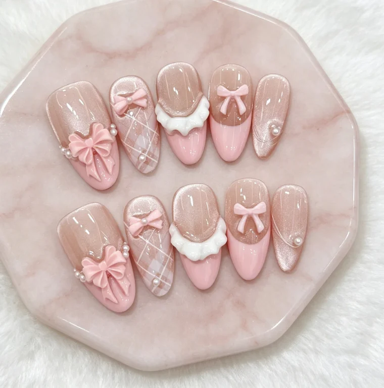 Medium Almond Pink Cat Eye Press On Nails Cute Lolita Style Fake Nail Tips With 3D Pink Bow Charms, White Plaid Grid Print, Cream Ruffle Edge French Tips & Tiny Pearl Accents Sweet Girly Daily Manicure Set For Women